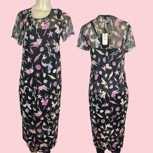 Disney L-0 Little Mermaid Graphic Mesh Sheer Lined Short Sleeve Midi Dress